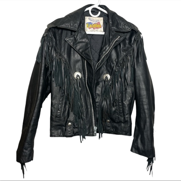 excelled Jackets & Blazers - Excelled 80s Black Leather Fringe Southwestern Biker Long Sleeve Coat Unisex